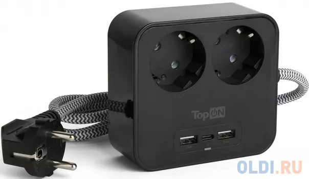 TopOn Сетевой фильтр TOP-PWS2 на 2 розетки с 2 USB-A и USB-C, 4000W, 1.5 м Черный TOP-PWS2B