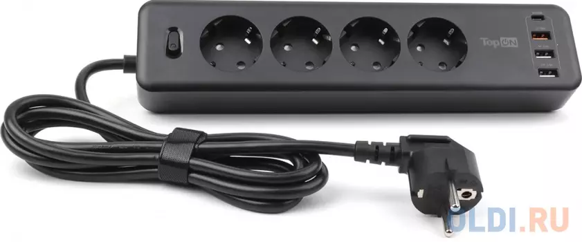 TopOn Сетевой фильтр TOP-PWS4 4 розетки, 3 USB, Type-C, PD 20W QC3.0, 4000W, 3м Черный TOP-PWS4B-3