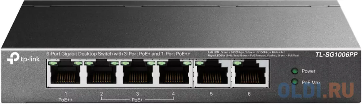 TP-Link TL-SG1006PP, Настольный коммутатор с 6 гигабитными портами (3 порта PoE+, 1 порт PoE++), 802.3af/at/bt 3-го типа, бюджет PoE — 64 Вт, стальной