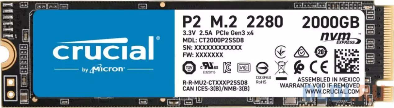 Твердотельный накопитель SSD M.2 2 Tb Crucial P2 CT2000P2SSD8 Read 2400Mb/s Write 1900Mb/s 3D QLC NAND