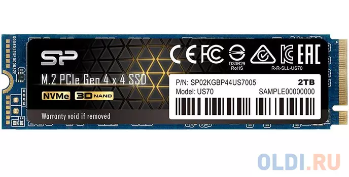 Твердотельный накопитель SSD M.2 Silicon Power 2.0TB US70  (PCI-E 4.0 х4, up to 5000/4400MBs, 3D TLC, DRAM, NVMe 1.3, 22х80mm)