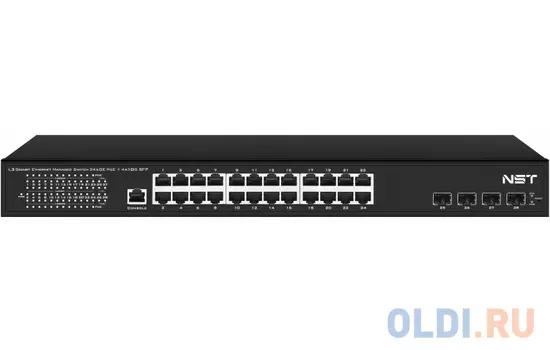 Управляемый L3 PoE коммутатор на 24xGE RJ-45 c PoE + 4х10G SFP+ порта. Порты: 2 x GE (10/100/1000 Base-T) с PoE (до 90W, A+B) + 22 x GE (10/100/1000 B