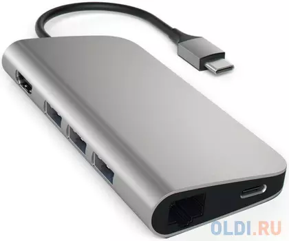 USB адаптер Satechi Aluminum Multi-Port Adapter 4K with Ethernet. Интерфейс USB-C. Порты: USB Type-C, 3хUSB 3.0, 4K HDMI, Ethernet RJ-45, SD / micro-SD . Цвет серый космос.