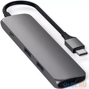 USB адаптер Satechi Slim Aluminum Type-C Multi-Port Adapter with Type-C Charging Port. Интерфейс USB-C. Порты USB Type-C, 2хUSB 3.0, 4K HDMI. Цвет серый космос.