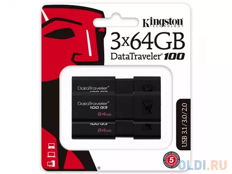 Внешний накопитель 64Gb USB Drive  Kingston DataTraveler 100 G3 3шт (DT100G3/64GB-3P)