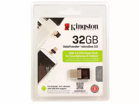 USB флешка Kingston DataTraveler microDuo 3.0 32Gb Black (DTDUO3/32GB) USB 3.0, microUSB / 70 МБ/cек / 15 МБ/cек