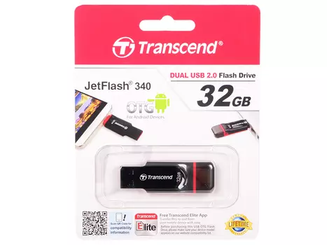 USB флешка Transcend JetFlash 340 32Gb Black (TS32GJF340) USB 2.0/microUSB / 15 Мб/с / 5 Мб/с