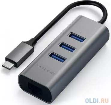 USB-хаб Satechi Type-C 2-in-1 USB 3.0 Aluminum 3 Port Hub and Ethernet Port. Интерфейс Type-C. Порты: Ethernet (10/100/1000Mbps), 3 x USB 3.0. LED подсветка. Цвет серый космос.