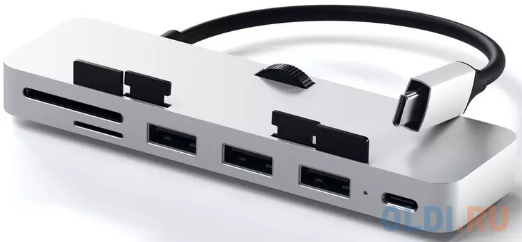USB-концентратор Satechi Aluminum Type-C Clamp Hub Pro для new 2017 iMac и iMac Pro. Интерфейс USB-C. 3 разъема USB 3.0, 1 разъем USB-C, слоты для карты памяти SD, Micro SD. Цвет серебряный.