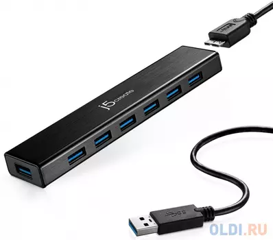 USB Type-A 3.0 концентратор j5create на 7 USB. Питание: от USB 5В/4А, от сети 100-240 50/60 Гц.