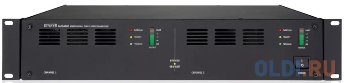 Усилитель APART [[PA2240BP]] 2-канальный, трансляционный: 2х240Вт (4Ом/100В); 2х120Вт(8Ом). Bridge:480Вт(8Ом/100В). Вх.(Euroblock): 2хLINE;2хприоритет
