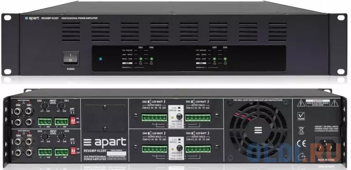 Усилитель APART [[REVAMP4120T]] 4-канальный, трансляционный: 4х120Вт(4Ом/100В); 4х60Вт /8Ом. Bridge:2х240Вт(8Ом/100В). Вх.:4хRCA/4хEuroblock. Вых.:4xE