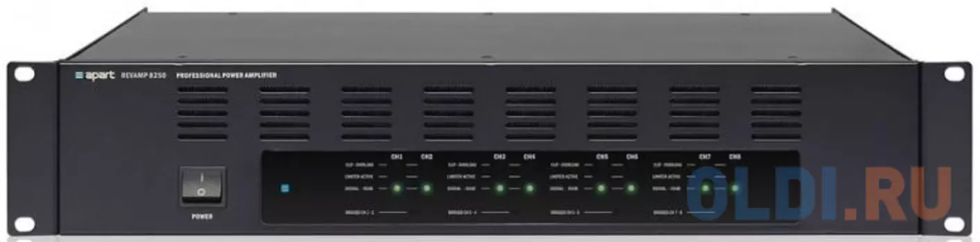 Усилитель APART [[REVAMP8250]] 8-канальный, трансляционный: 8х350Вт/4Ом; 8х175Вт /8Ом. Bridge:4х650Вт/8Ом. Вх.: 8хRCA/8хEuroblock. Вых.:8xEuroblock. 2