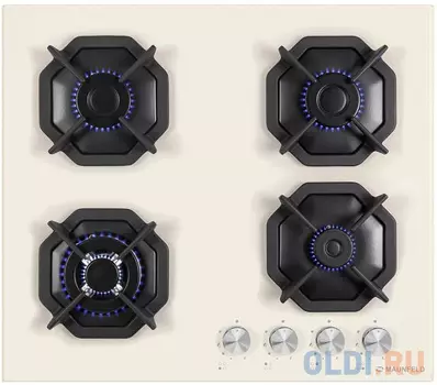 Встраиваемые газовые панели MAUNFELD/ газ, газ на стекле, ширина 60 см, 4 конфорки, чугунные решетки, газ-контроль , электроподжиг, бежевый