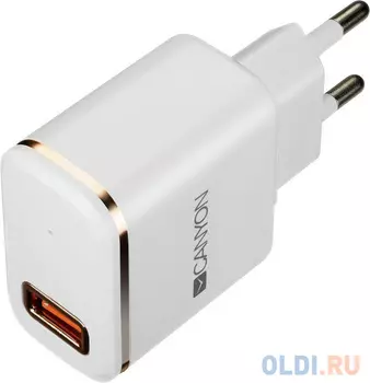 Зарядное устроиство от сети питания CANYON Universal 1xUSB AC charger (in wall) with over-voltage protection, plus lightning USB connector, Input 100V-240V, Output 5V-2.1A, with Smart IC, white(rose-gold electroplated stripe), cable length 1m