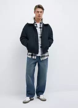 Бомбер со съёмным меховым воротником, Синий