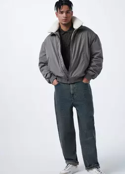 Бомбер со съёмным меховым воротником, Зеленый