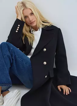 Длинное двубортное пальто с шерстью, Синий