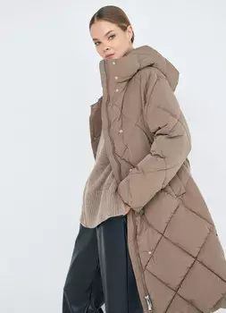 Длинный стёганый пуховик с капюшоном, Коричневый