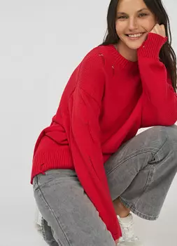 Свитер оверсайз с рваным дизайном, Красный