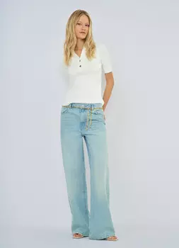 Джемпер в рубчик с воротником-поло, Белый