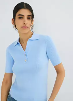 Джемпер в рубчик с воротником-поло, Голубой