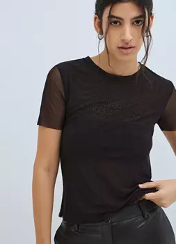 Футболка из сетки со стразами, Черный