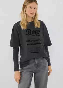 Футболка оверсайз с флок-принтом, Серый
