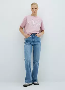 Футболка оверсайз с принтом и стразами, Розовый