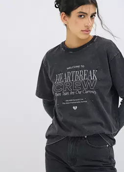 Футболка оверсайз с принтом и стразами, Серый