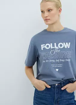 Футболка оверсайз с принтом и стразами, Синий