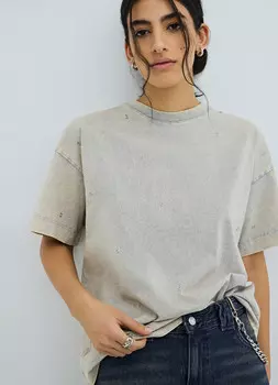 Футболка с эффектом стирки и декором, Серый