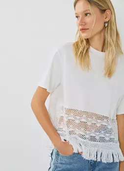 Футболка с кружевом и бахромой, Белый