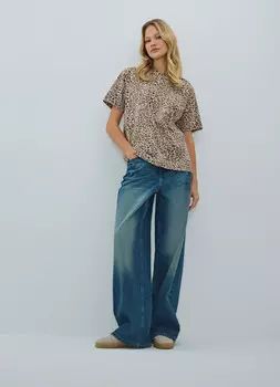 Футболка с леопардовым принтом и эффектом стирки, Бежевый