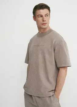 Футболка с текстовым принтом и эффектом стирки, Бежевый