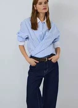 Хлопковая рубашка с контрастными деталями, Голубой