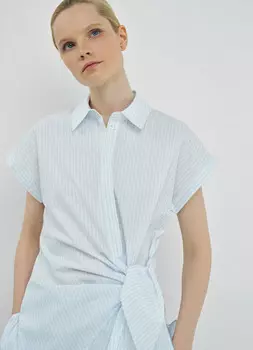 Хлопковая рубашка с завязками на талии, Голубой