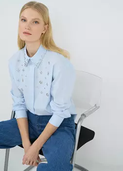 Хлопковая рубашка со стразами, Голубой