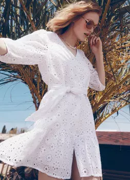 Хлопковое платье-рубашка с вышивкой и поясом, Белый