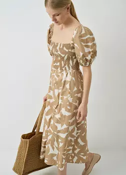 Хлопковое платье с квадратным вырезом, Бежевый