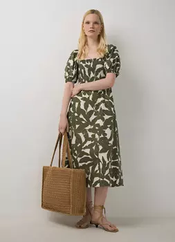 Хлопковое платье с квадратным вырезом, Зеленый