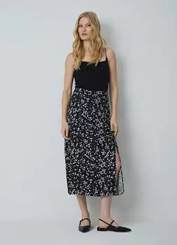 Юбка миди А-силуэта с разрезом, Черный