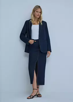 Юбка миди из денима с разрезом, Синий