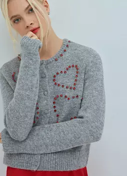 Кардиган с сердцами из страз, Серый
