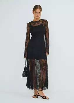 Кружевное платье с длинными рукавами, Черный