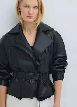 Куртка-косуха из искусственной кожи с поясом, Черный