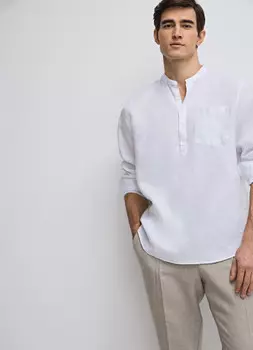 Льняная рубашка с воротником-стойкой, Белый