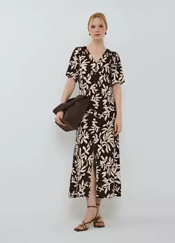 Льняное платье с разрезом спереди, Коричневый