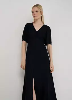 Льняное платье с разрезом спереди, Черный