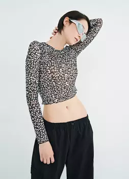 Лонгслив из сетки с леопардовым принтом, Черный